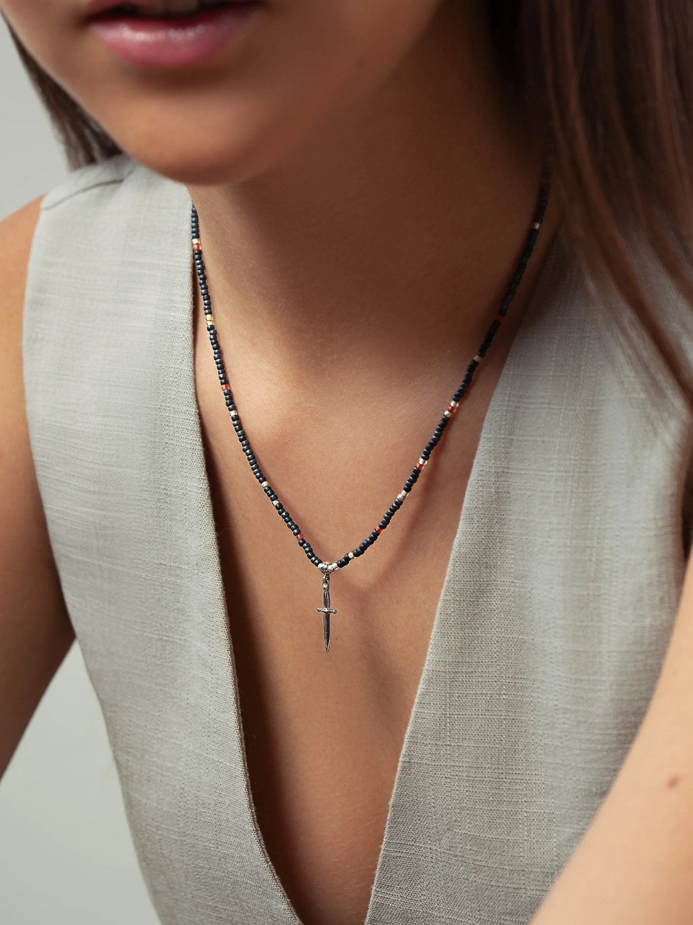 Sirene Sword Pendant Beaded Necklace – Customizable - 17.7 Black BeadSilver OxideALLbeaded necklaceLunai Jewelry