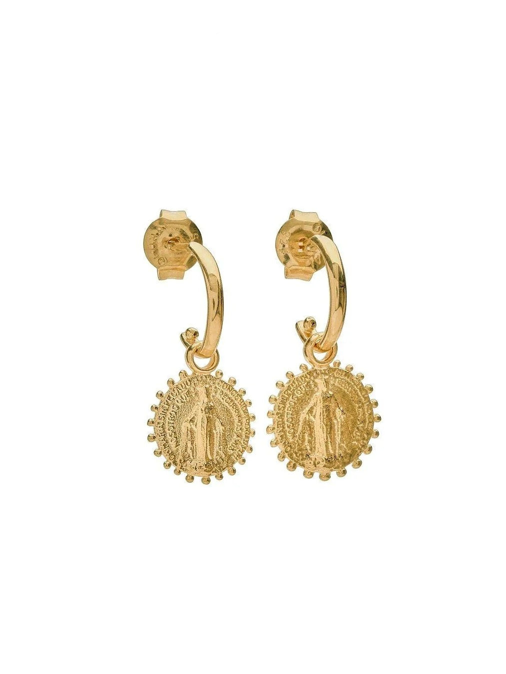 Gold vermeil Codi Mini Hoops – side angle showing the Virgin Mary charm in detail, handmade with devotion.