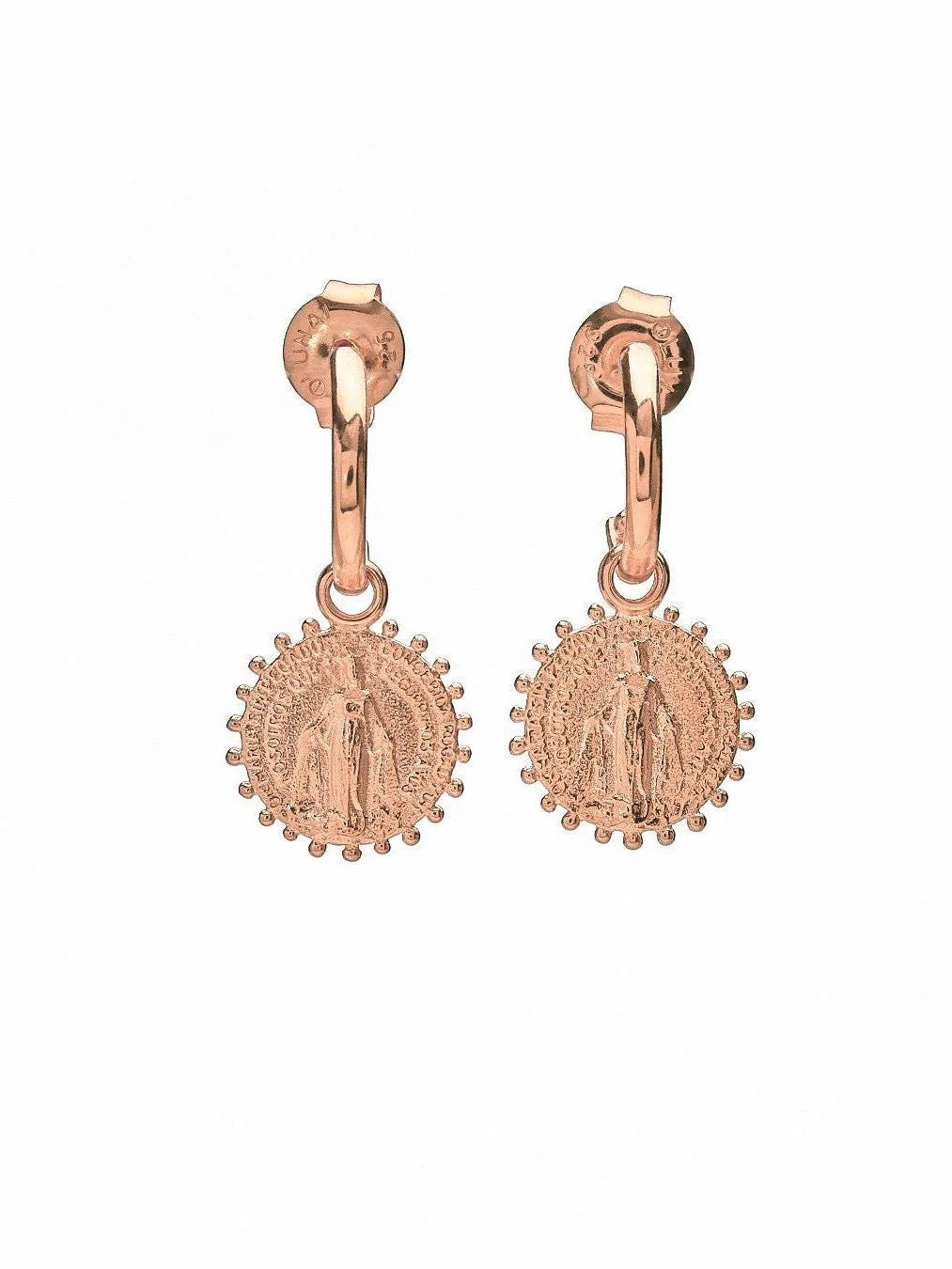 Rose gold mini hoops with Virgin Mary charm – soft, feminine finish with handcrafted detail.