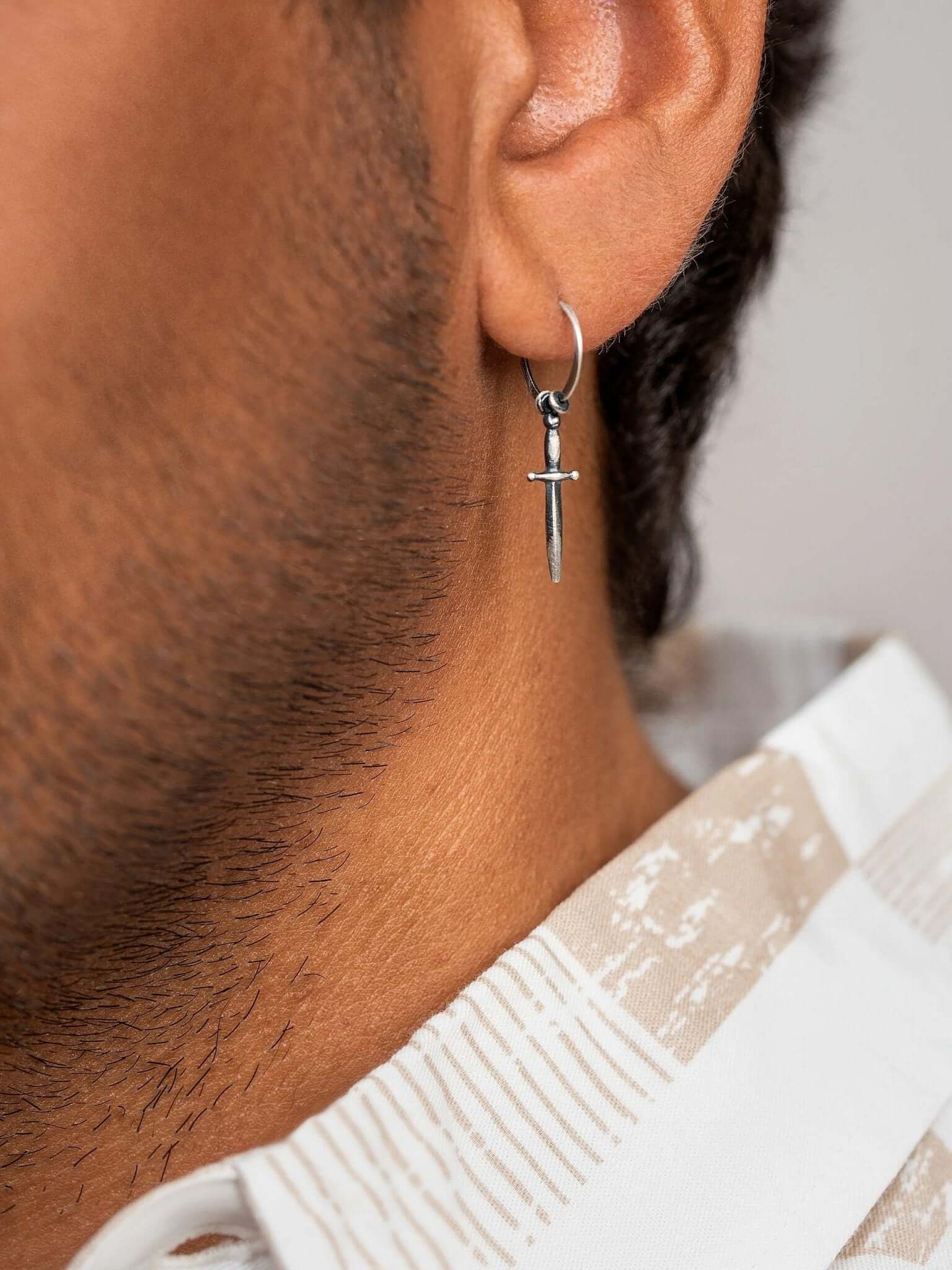 Eze Men's Sword Hoop Earrings - 925 Silver Oxide 11mmPaircartilage earringDagger EarringsLunai Jewelry