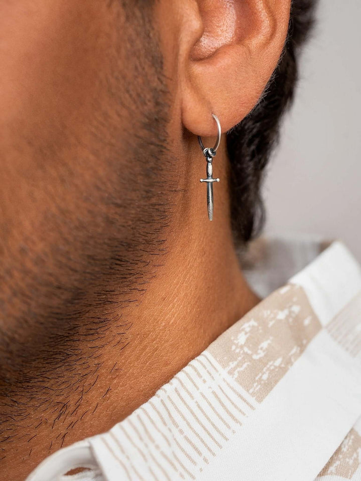 Eze Men's Sword Hoop Earrings - 925 Silver Oxide 11mmPaircartilage earringDagger EarringsLunai Jewelry