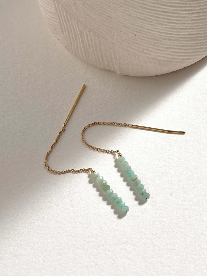 Minimalist gold gemstone earrings with amazonite, stylish and delicate design.