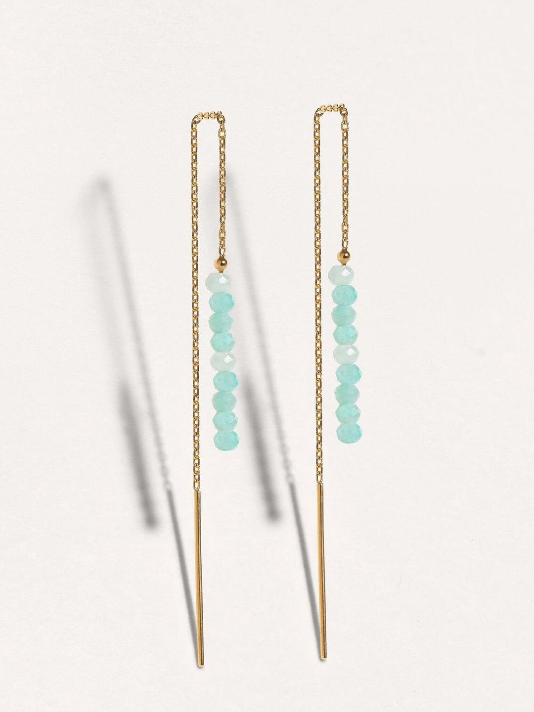 Handmade gemstone threader earrings in gold, featuring amazonite beads, perfect for everyday wear.