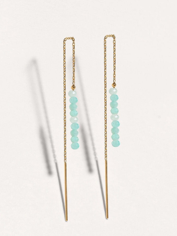 Handmade gemstone threader earrings in gold, featuring amazonite beads, perfect for everyday wear.