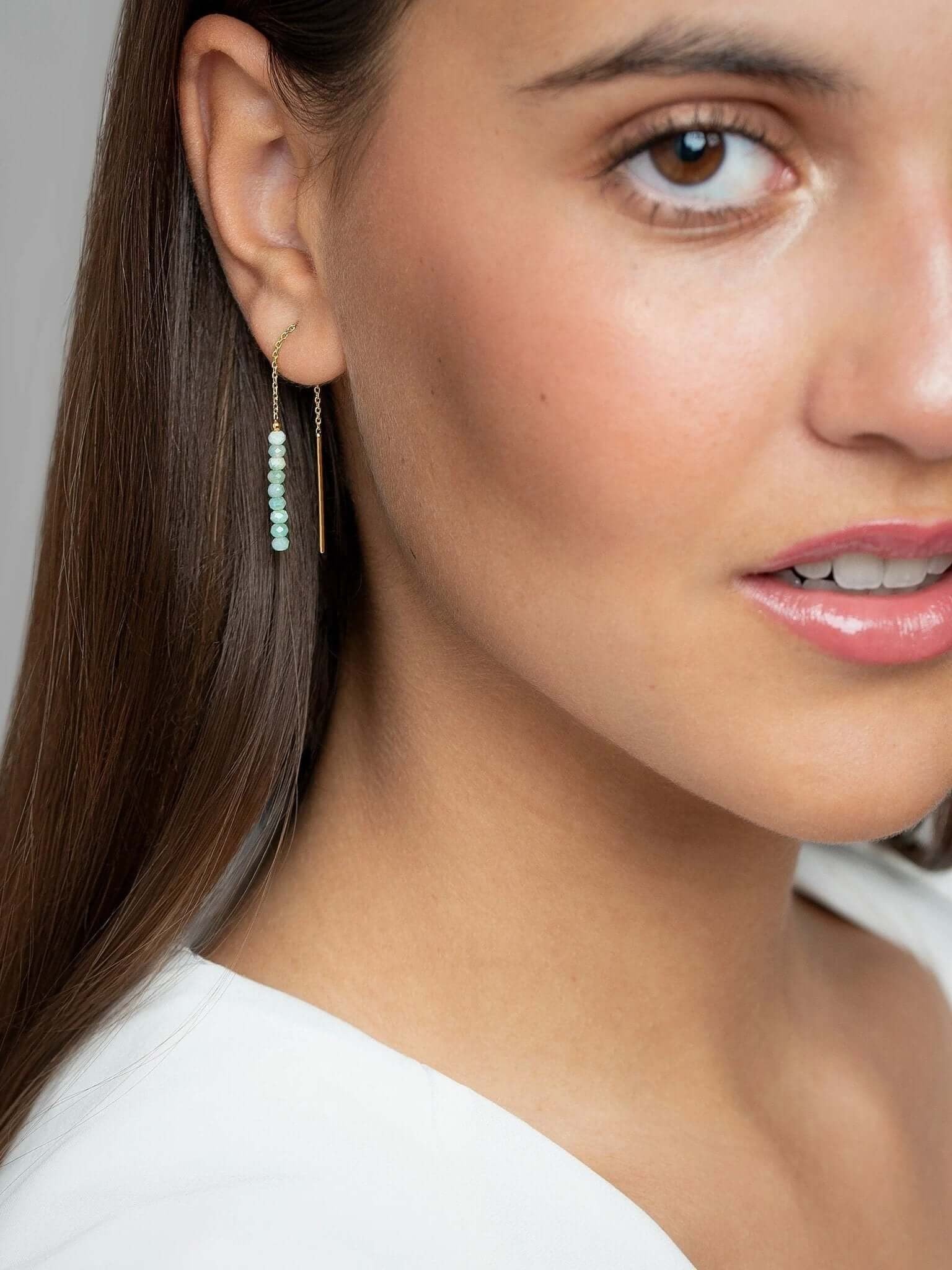 Handmade gemstone threader earrings in gold, featuring amazonite beads, perfect for everyday wear.