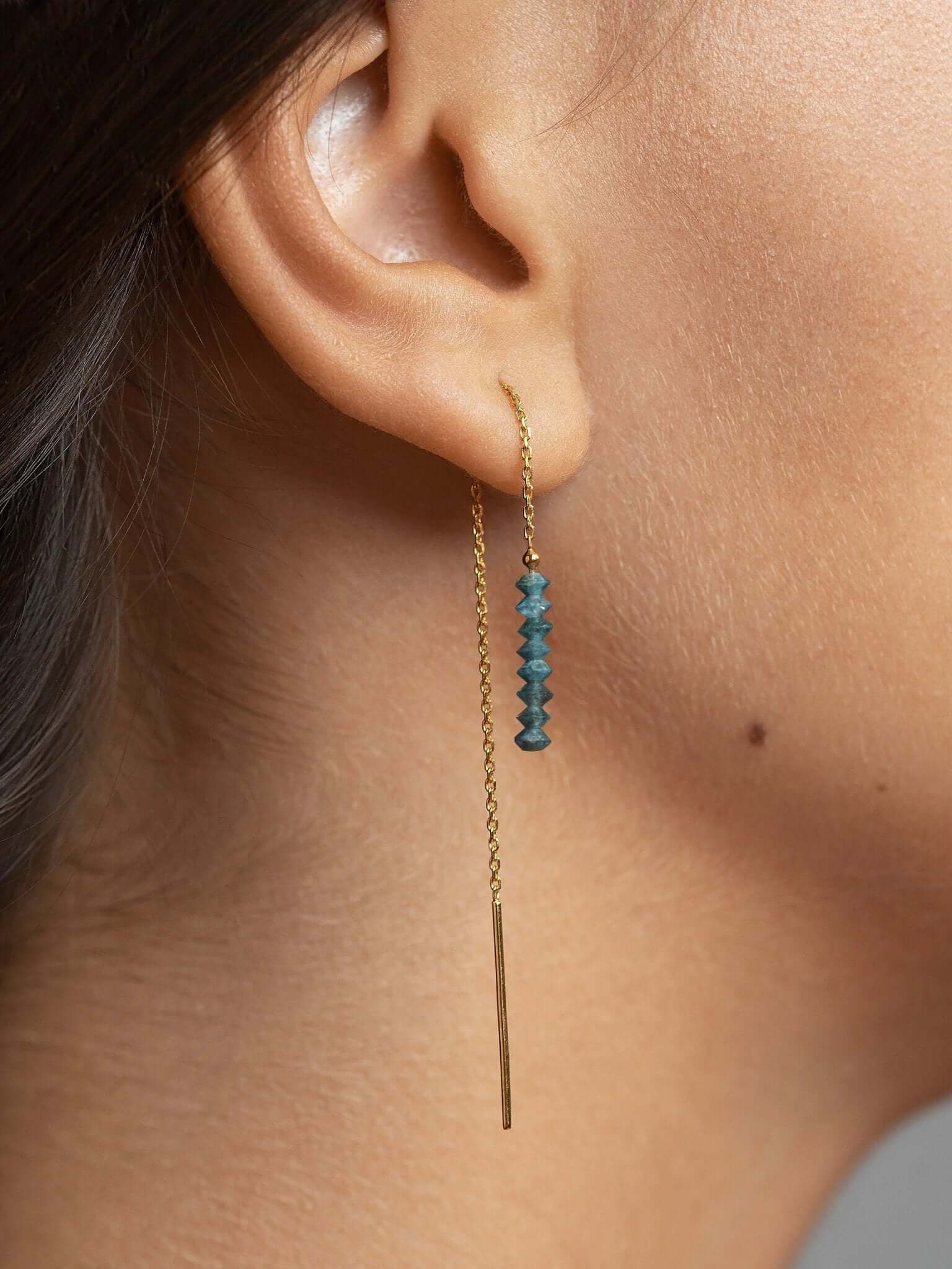 Long gold threader earrings with apatite gemstones, dainty and lightweight style.
