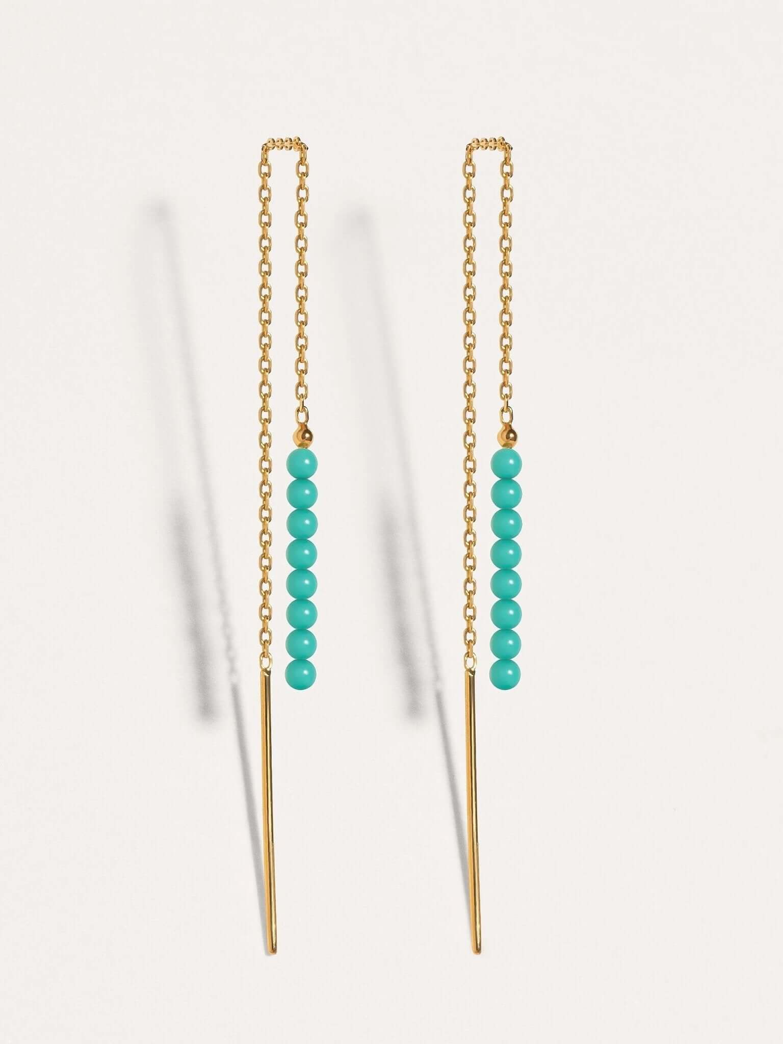 Gold chain gemstone threader earrings with turquoise beads, minimalist and elegant design.