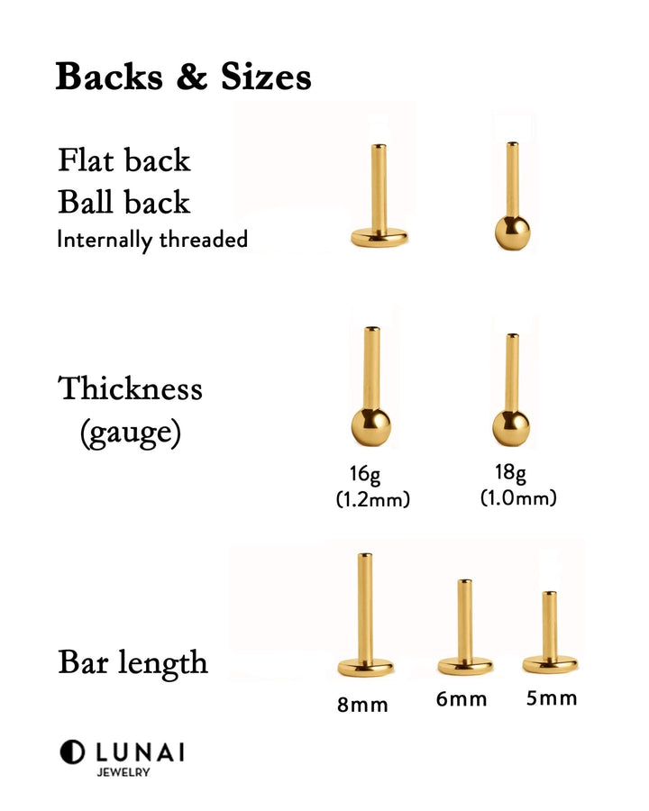 Helix Dagger cartilage piercing backs and sizes display in sterling silver and gold, showing flat and ball back options with different bar lengths.