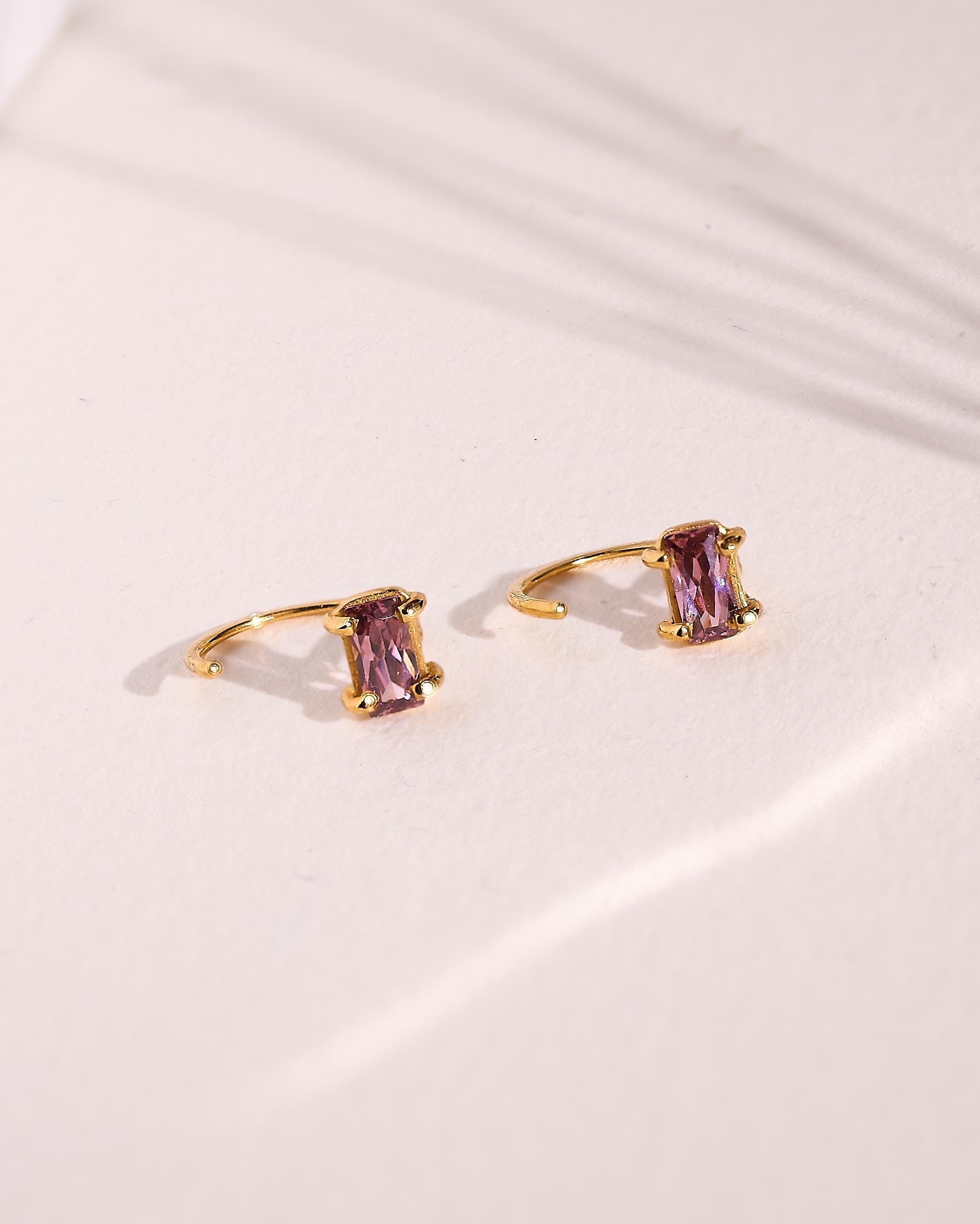 Rhodolite Huggie Hoop Earrings – 24K Gold Plated Sterling Silver – Purple Gemstone - EAR145RDT