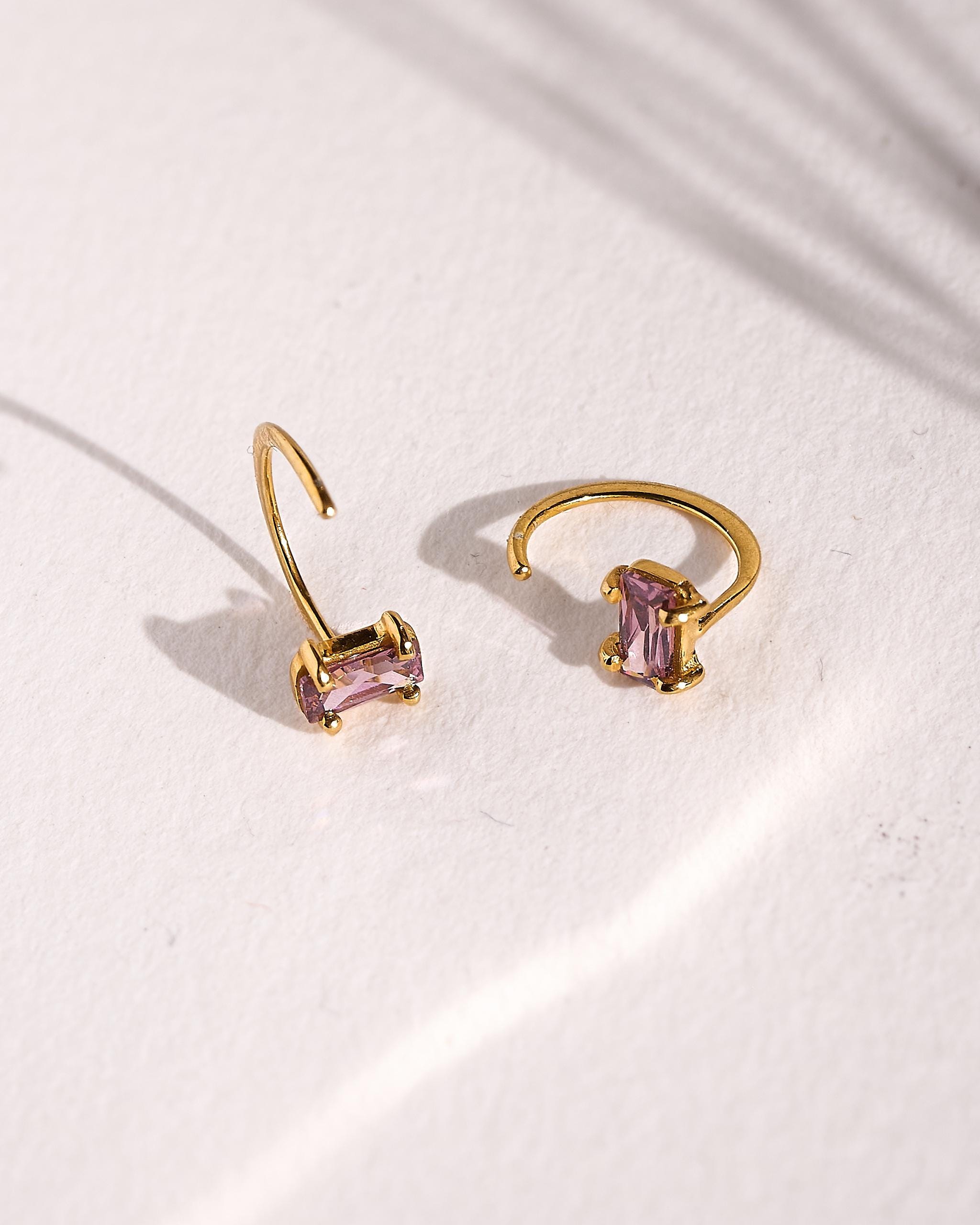 Rhodolite Huggie Hoop Earrings – 24K Gold Plated Sterling Silver – Purple Gemstone - EAR145RDT