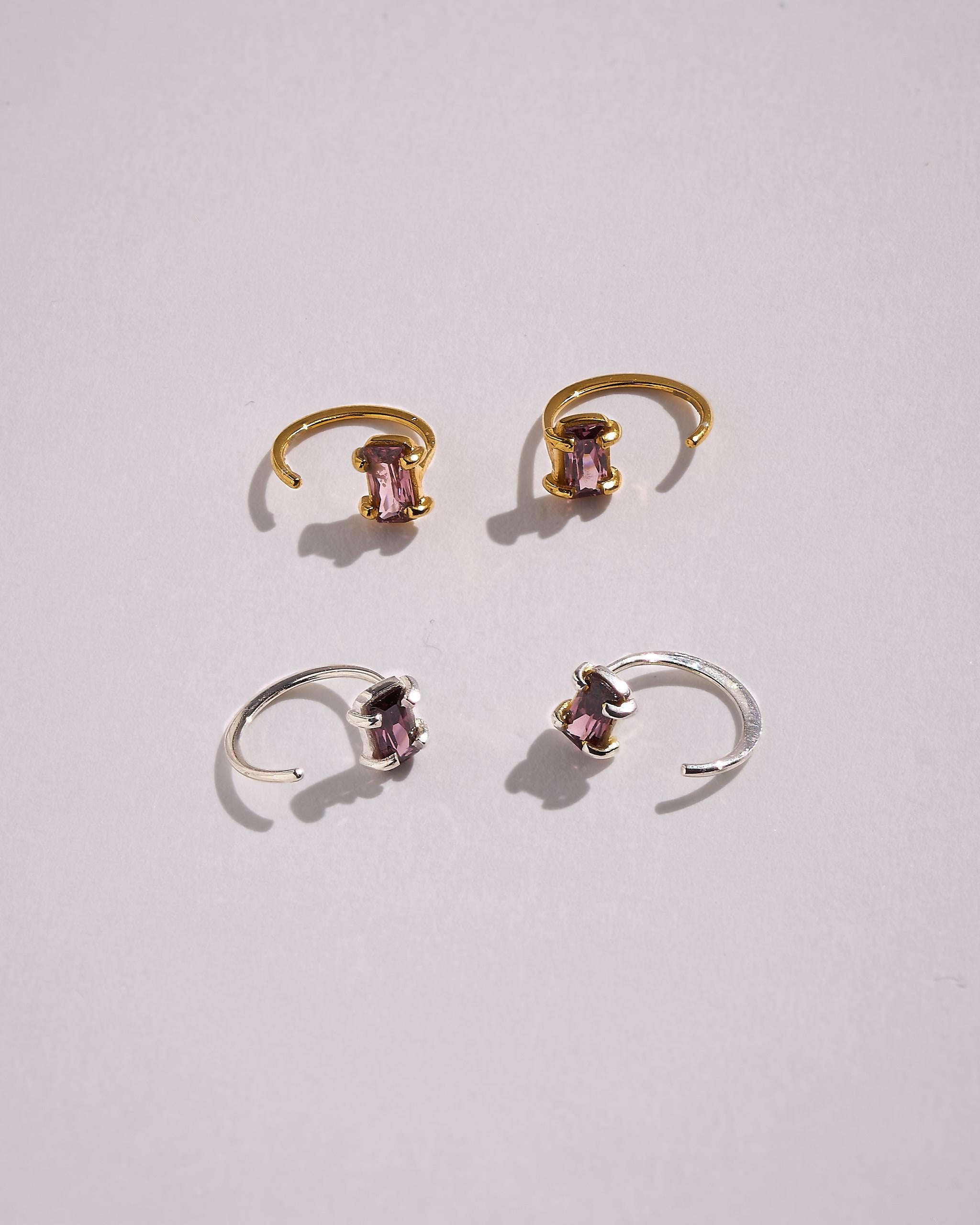 Rhodolite Huggie Hoop Earrings – 24K Gold Plated Sterling Silver – Purple Gemstone - EAR145RDT