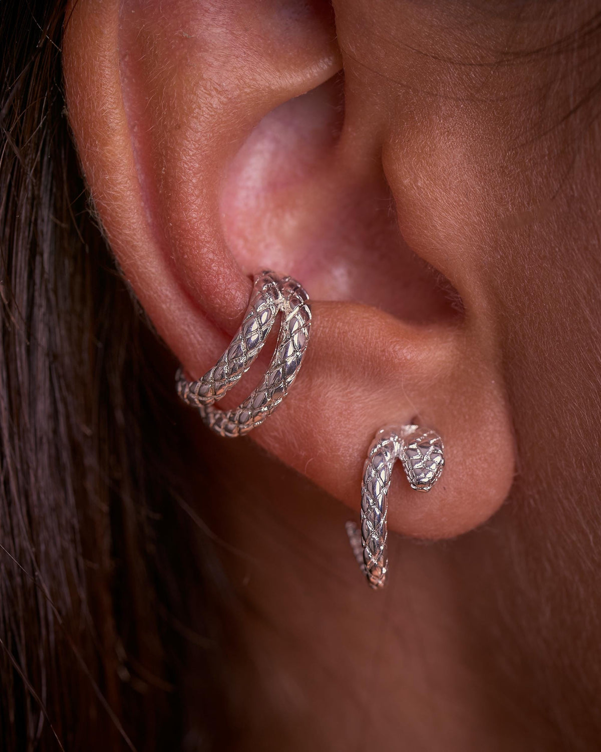 Silver Snake Hoop Stud Earrings, Open Wrap Around Serpent Design, Snakeskin Texture -STD165