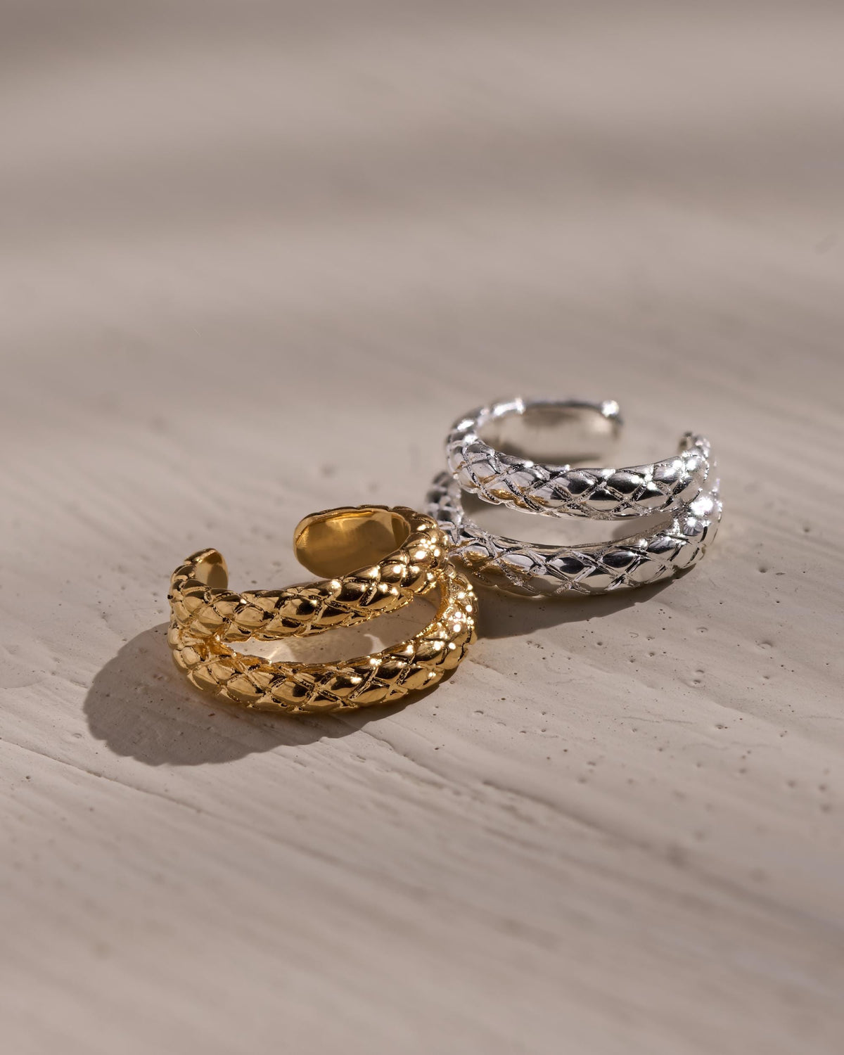 Silver Snake Ear Cuff, Fake Conch Piercing, Double Row Chunky Snakeskin Earring- ECF027
