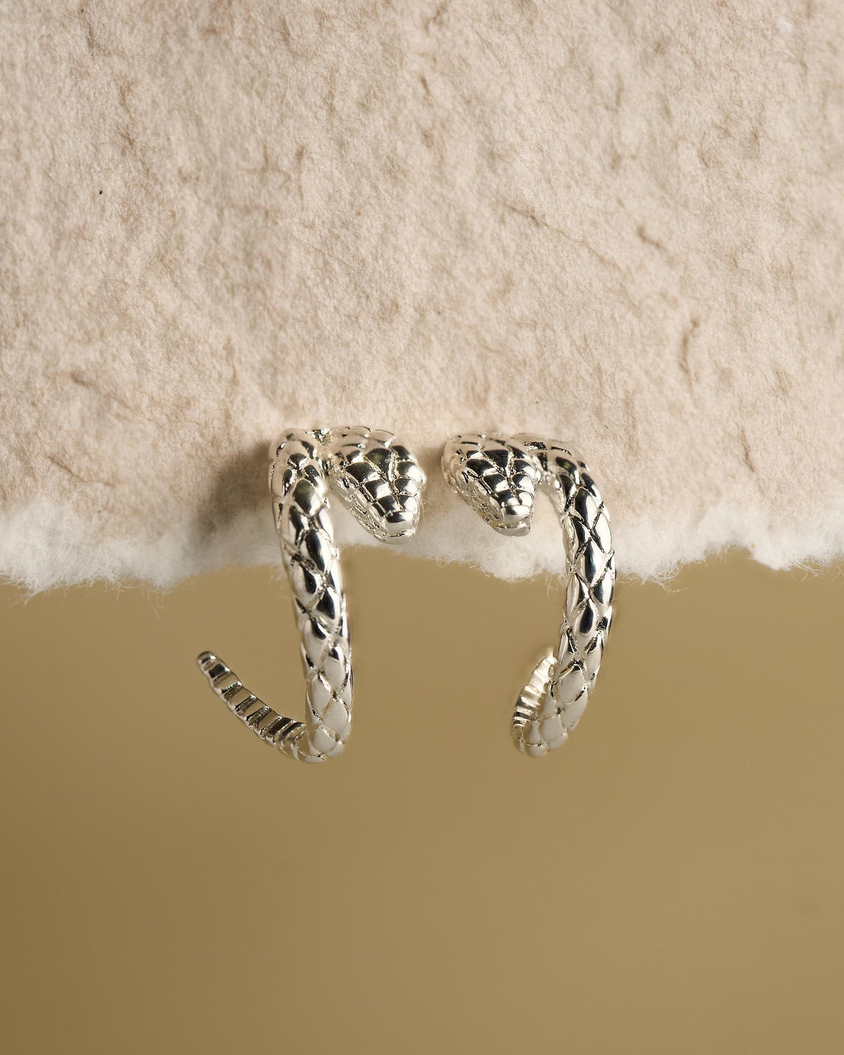 Front view of silver serpent stud earrings with snake head detail