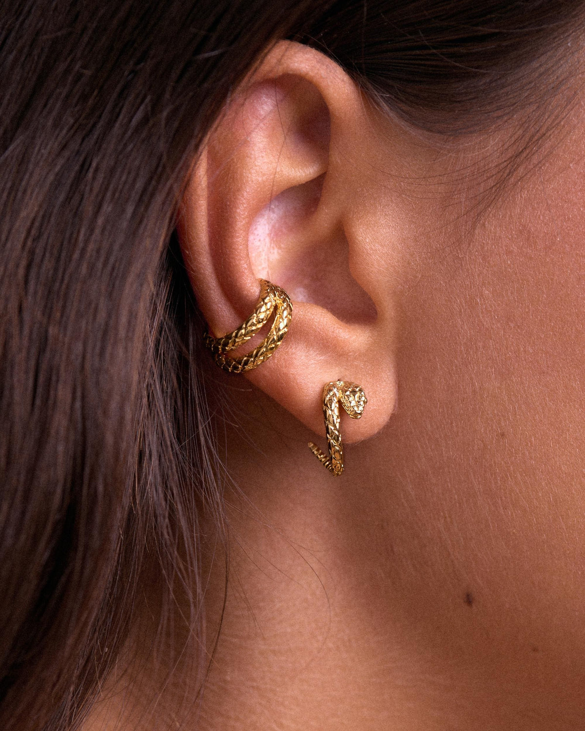 Gold Snake Hoop Stud Earrings, Serpent Head Studs with Snakeskin Texture -STD165