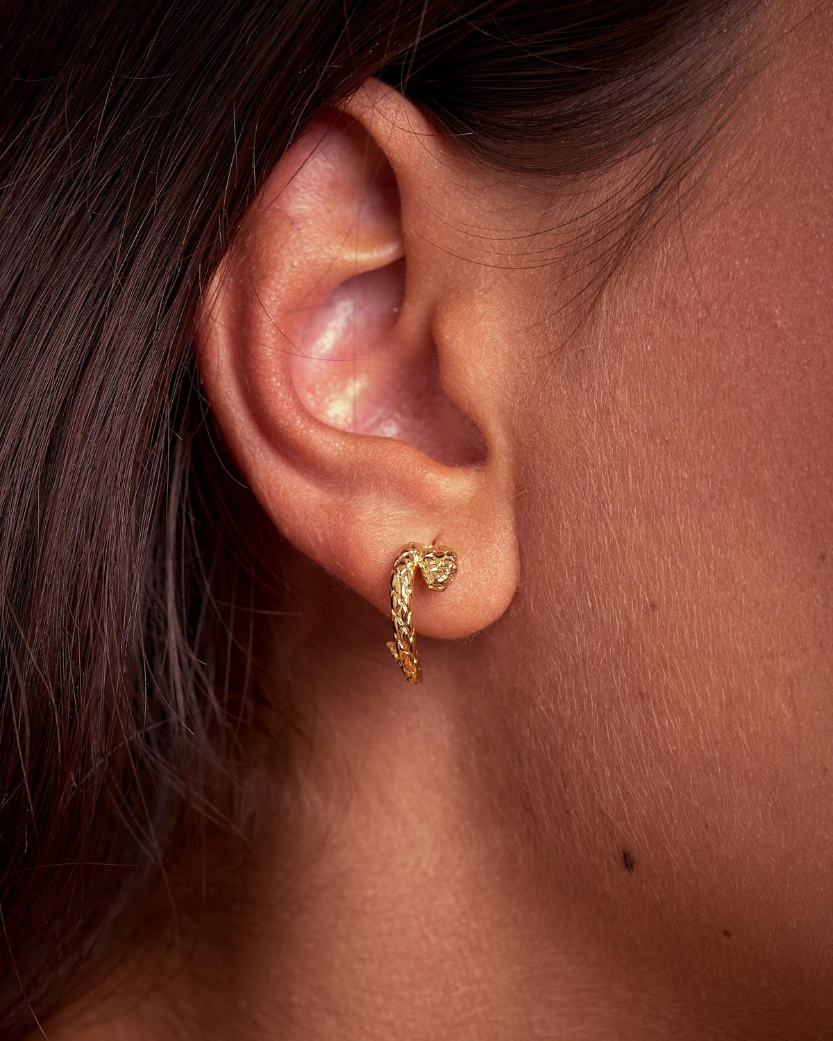 Gold snake stud earring worn on the earlobe
