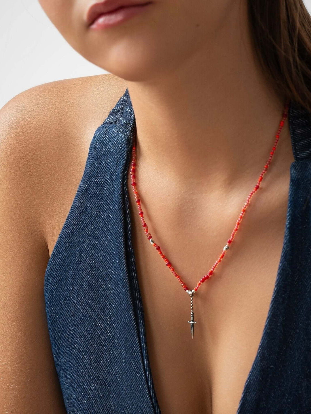 Sirene Beaded Necklace Sword Pendant - 17.7 Red Bead925 Silver Oxidebeaded necklaceBeaded NecklacesLunai Jewelry