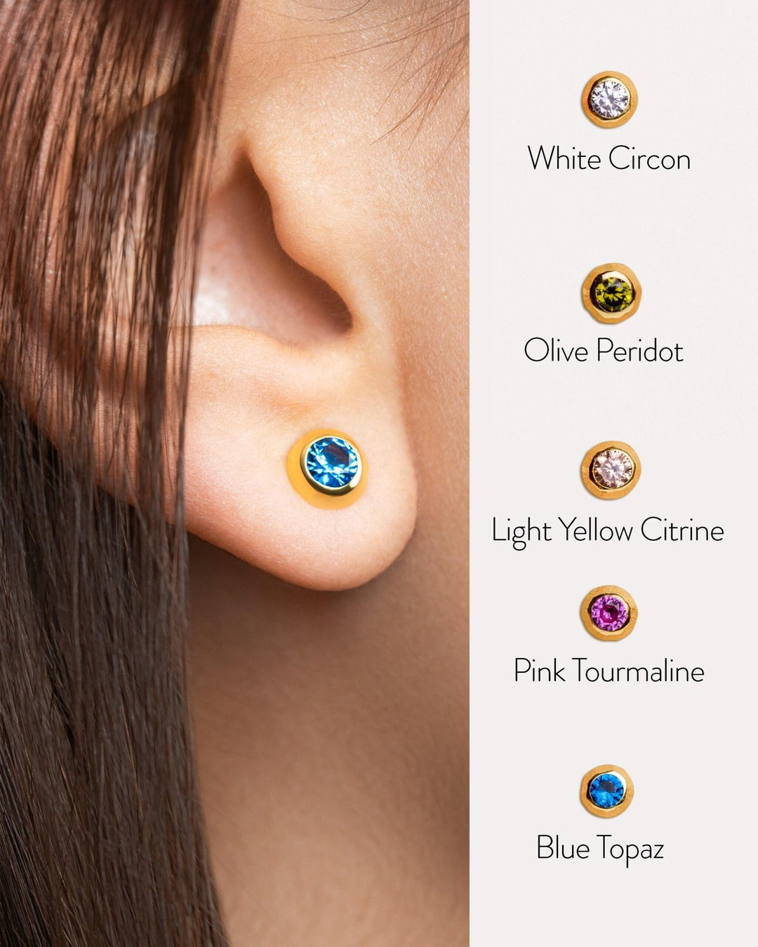 Blue stone earring on ear with color guide – comparison of different gemstone options available in the same earring design.