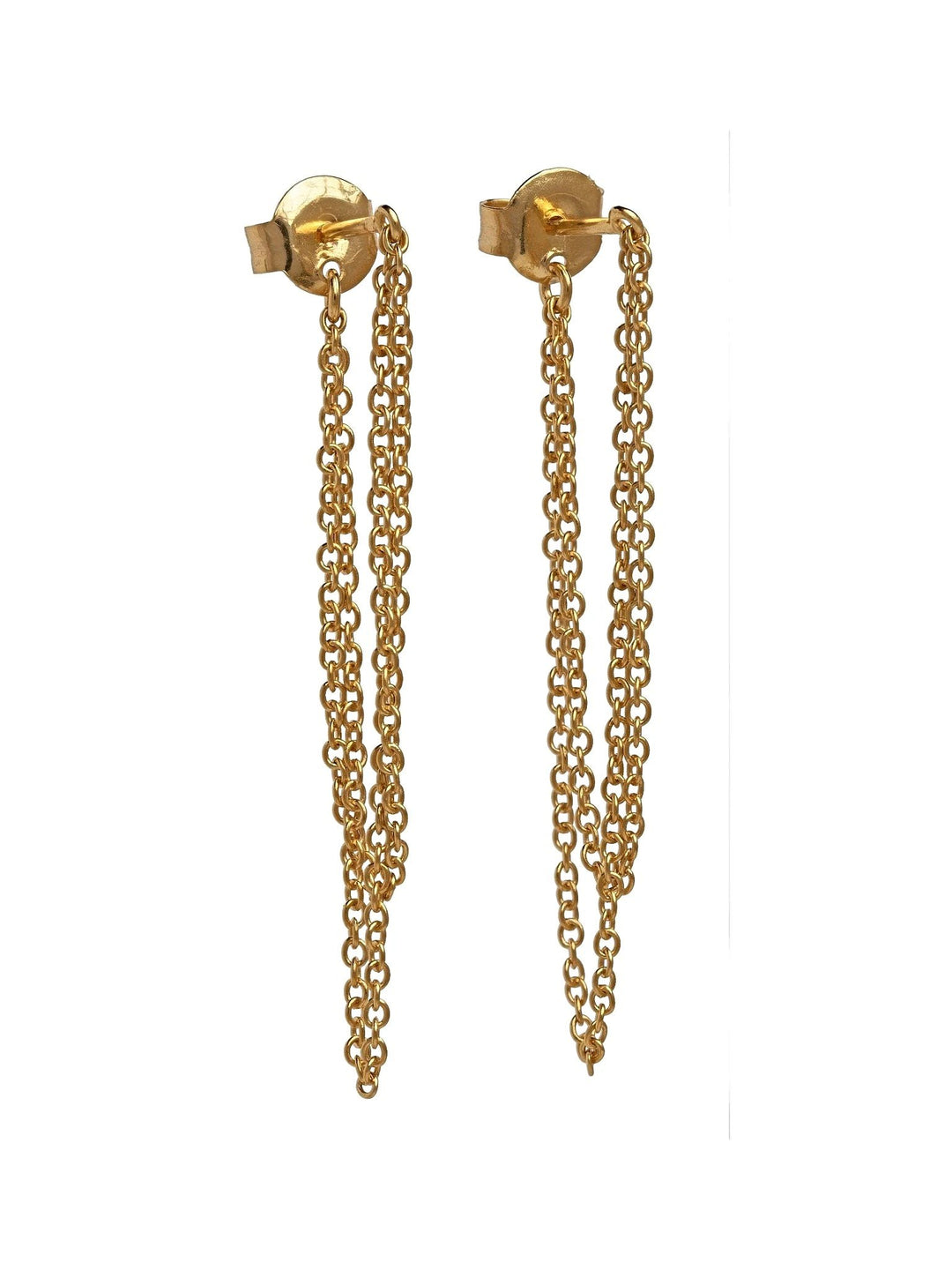 Gold chain drop earrings displayed on white backdro