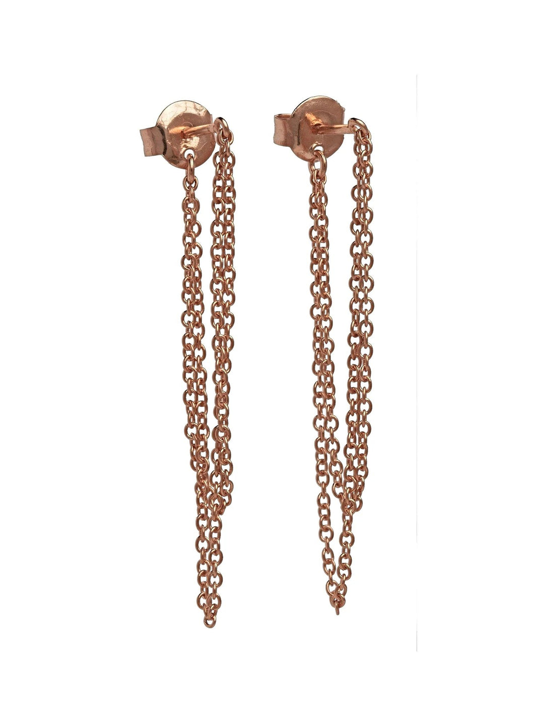 Rose gold double chain earrings with butterfly backs on white background