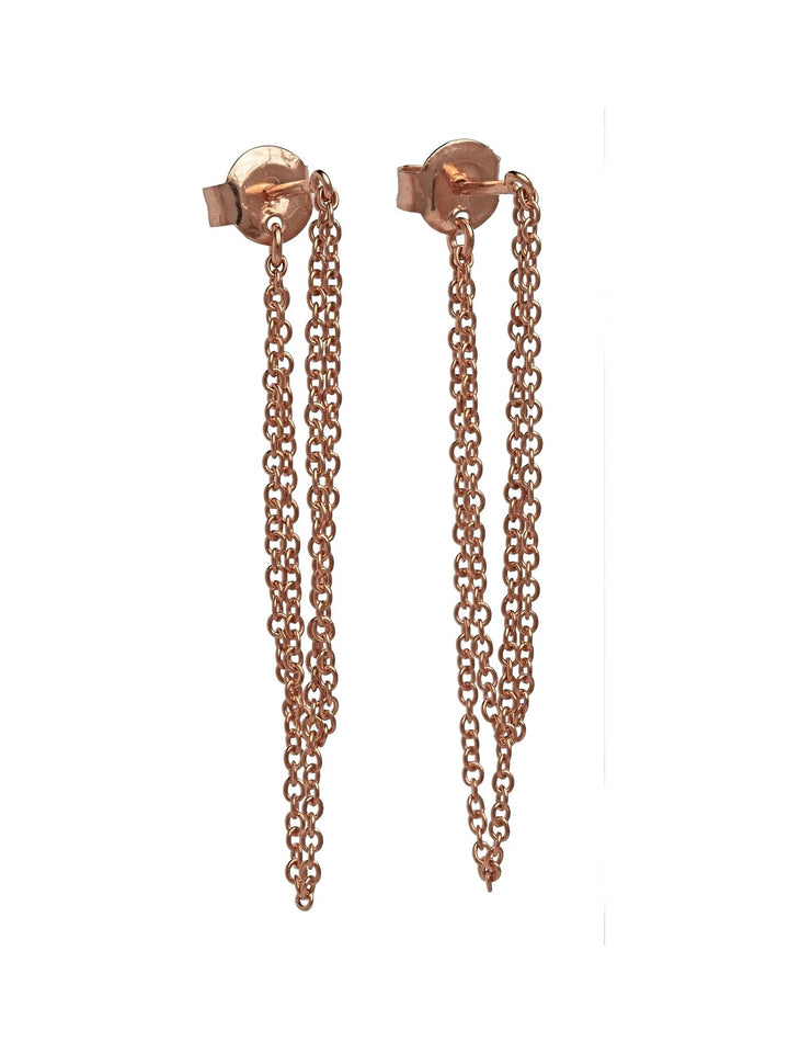 Rose gold double chain earrings with butterfly backs on white background