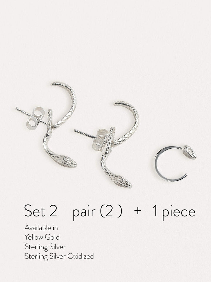 Sterling silver snake earrings set with a matching huggie hoop, featuring intricate detailing and a bold yet elegant design.