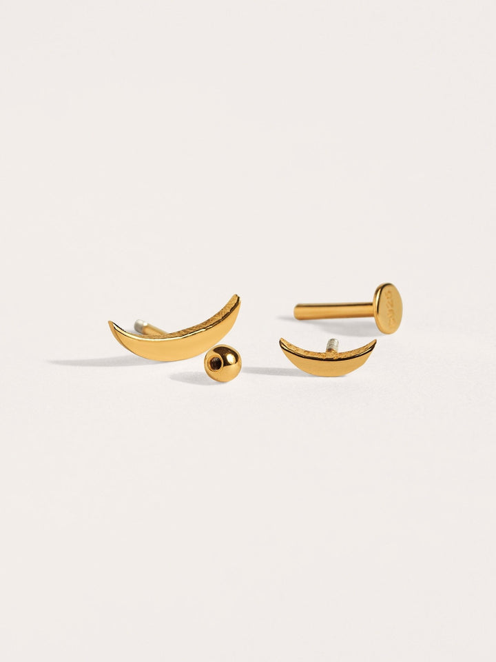 Gold-plated cartilage piercings showing both flat back and screw ball closure options.