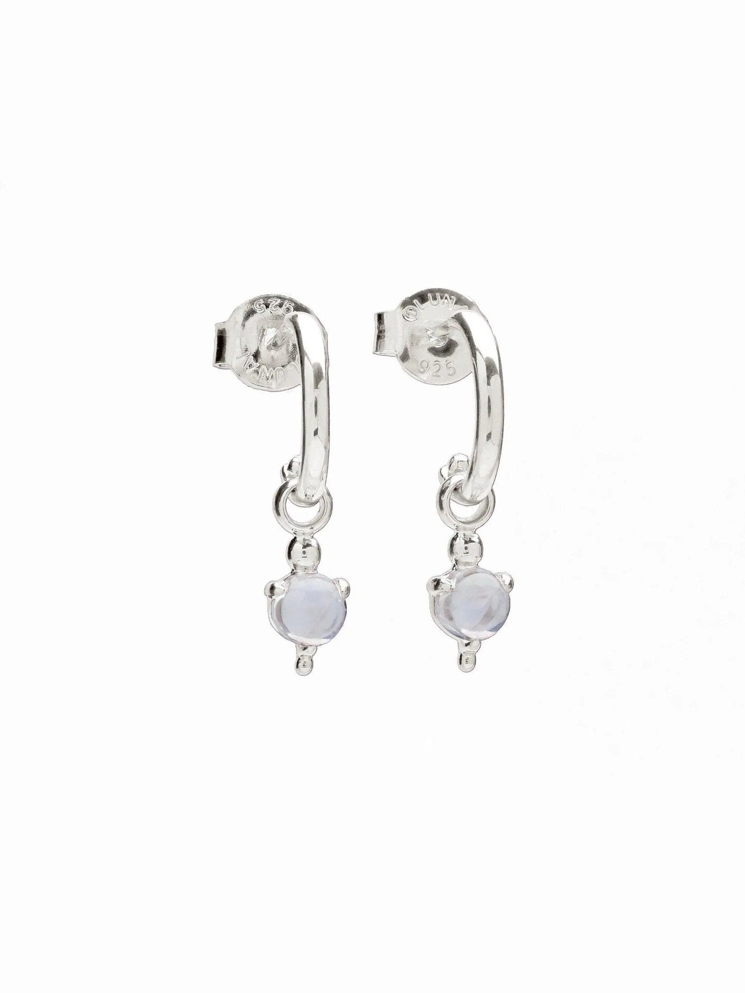 Silver hoop earrings with moonstone charm, side angle