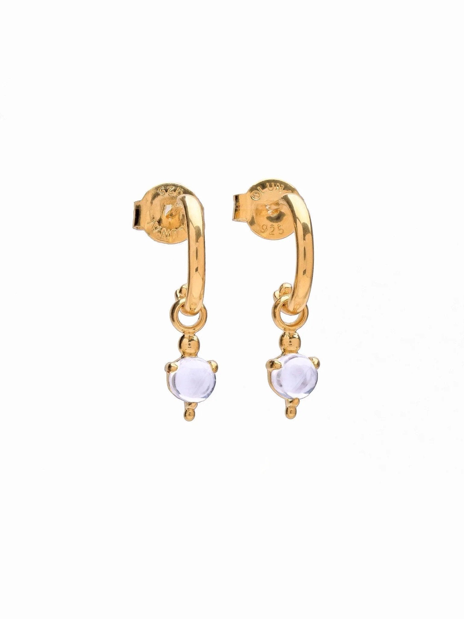 Gold mini hoop earrings with natural moonstone drop, front view