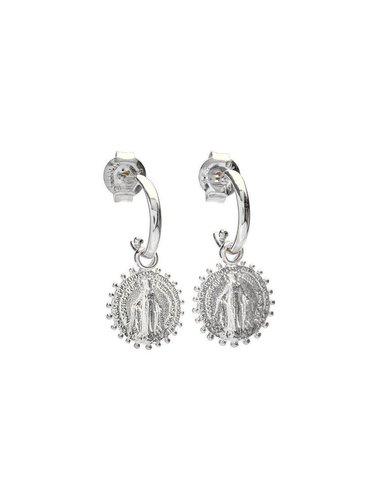 Silver shiny mini hoops with Virgin Mary charm – handcrafted earrings with bright, timeless finish.