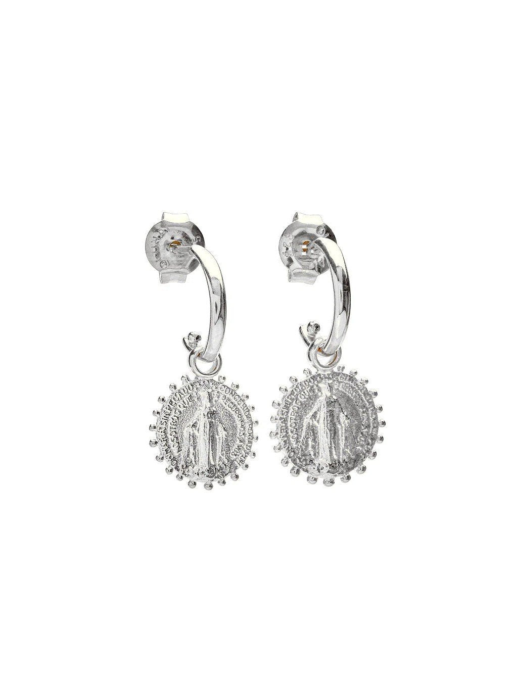 Silver shiny mini hoops with Virgin Mary charm – handcrafted earrings with bright, timeless finish.
