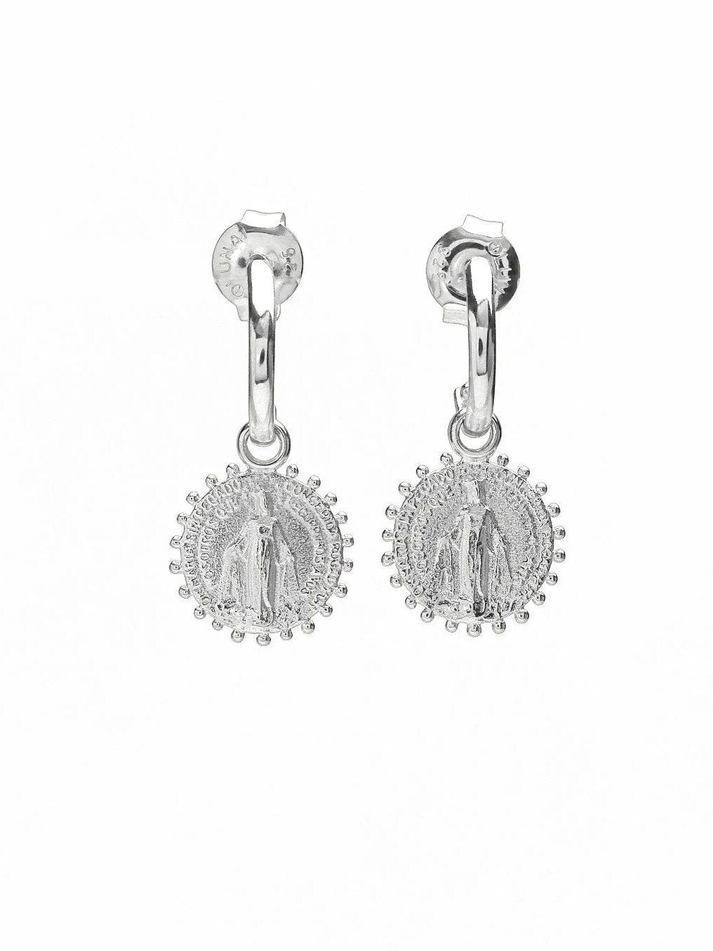 Codi Mini Hoops in polished silver – Virgin Mary earrings with luminous, reflective shine.