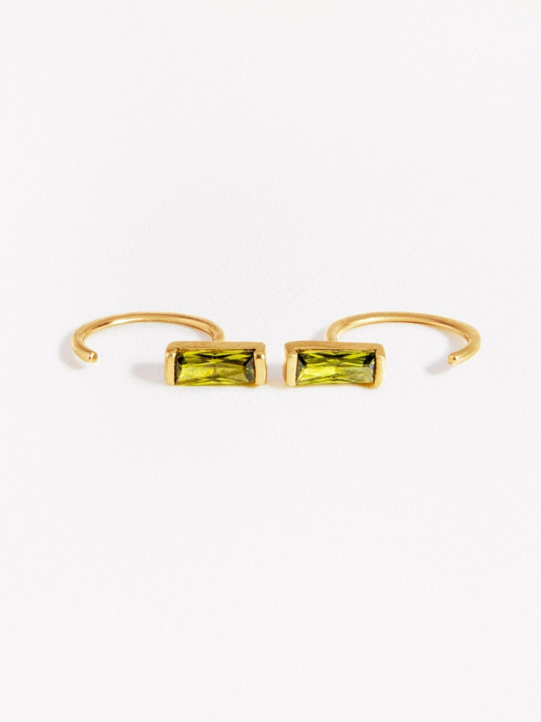 Peridot gemstone open hoop earrings in rose gold, displayed on a clean white background.