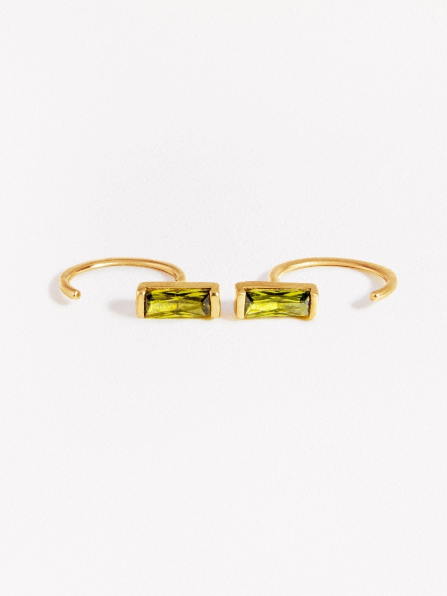 Peridot gemstone open hoop earrings in rose gold, displayed on a clean white background.