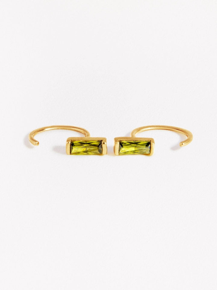 Peridot gemstone open hoop earrings in rose gold, displayed on a clean white background.