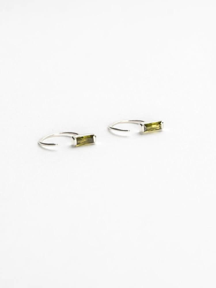 Sterling silver open hoop earrings with peridot gemstone, a minimalist and elegant everyday piece.