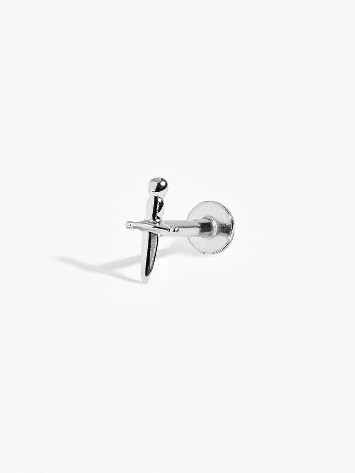Single Helix Dagger cartilage earring in polished sterling silver with ball back, minimalist close-up on white.