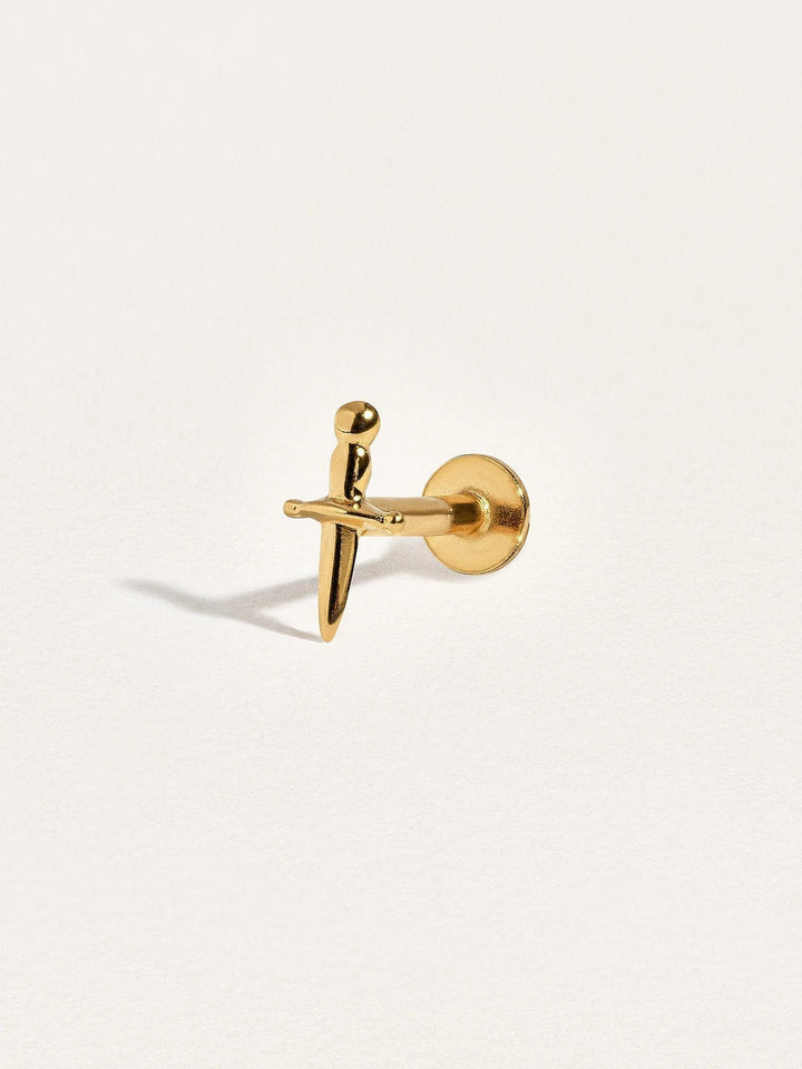 Single flat back dagger earring in 24k gold vermeil, shown close-up to highlight fine details and smooth finish.