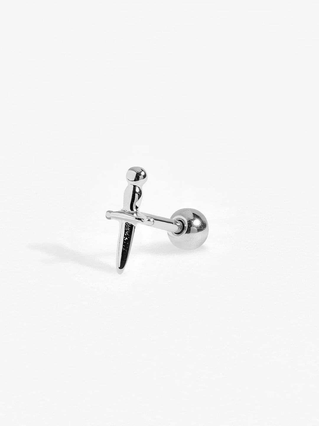 Helix Dagger piercing in oxidized sterling silver with ball back, shown from side angle highlighting dagger detail.