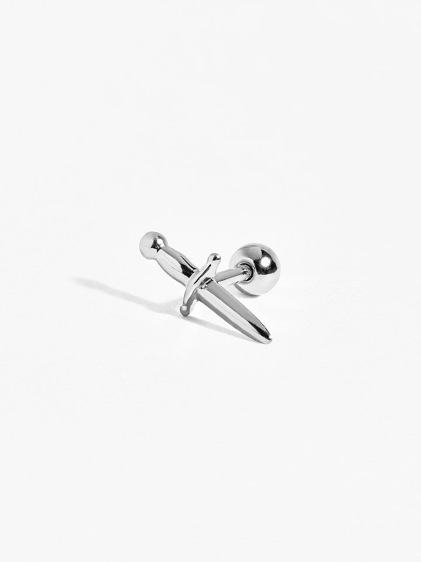 Single sterling silver dagger earring with ball back, 8 mm size, worn on helix piercing for a sleek minimalist look.