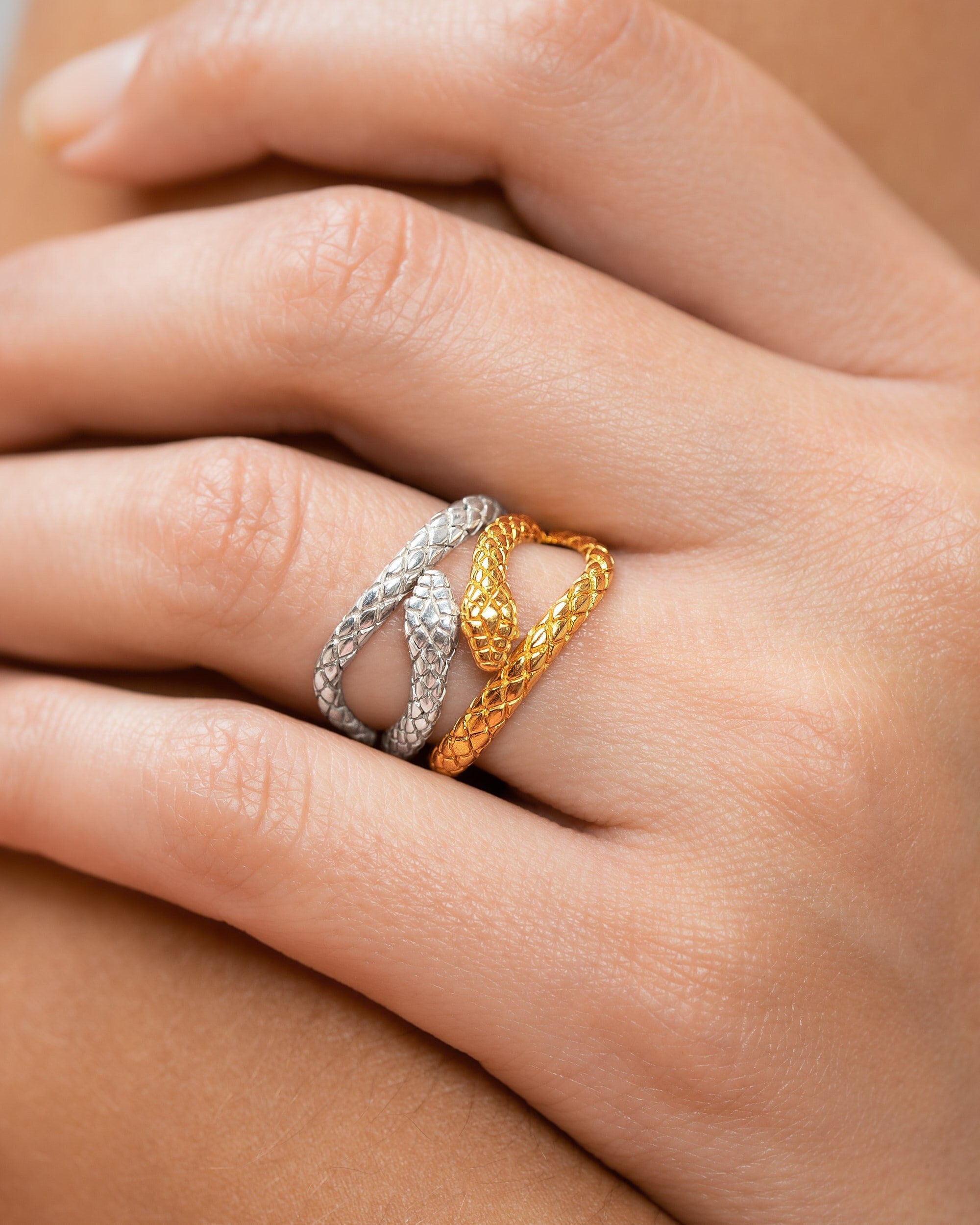 Gold Snake Ring - Mens Silver Ring - Open Band Animal Jewelry Ring - Dainty Snake Ring Resizable -RNG041