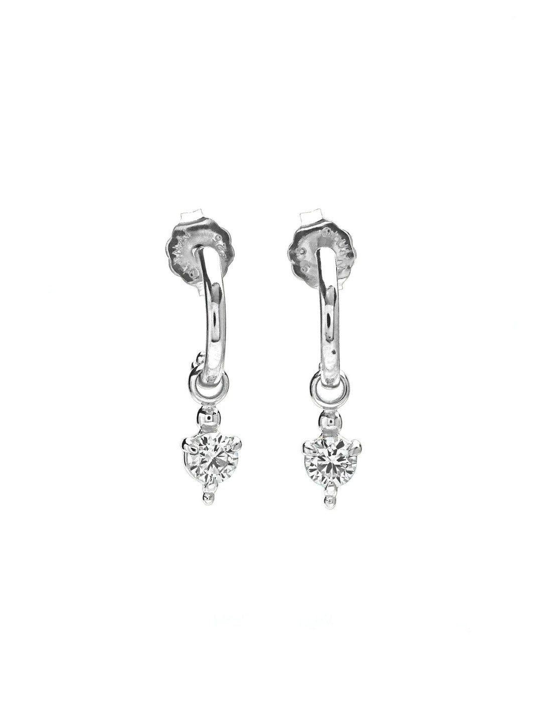 Silver mini hoop earrings with zirconia drop, front angle