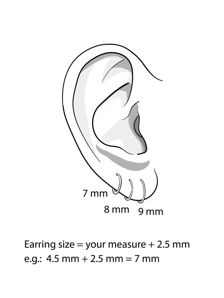 Diagram with earring measurements and sizing guide.