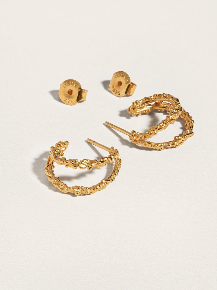 24K gold-plated Priana double hoop earrings on a neutral background, perfect for daily wear.