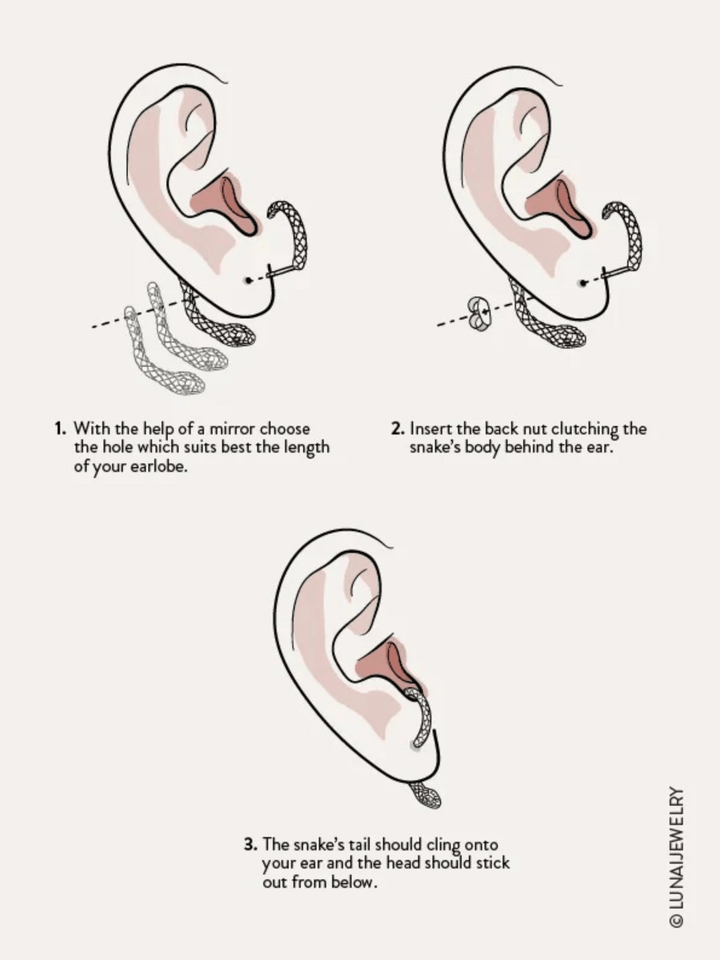 Illustration guide showing how to wear the Salma Snake Ear Jackets in three adjustable positions.