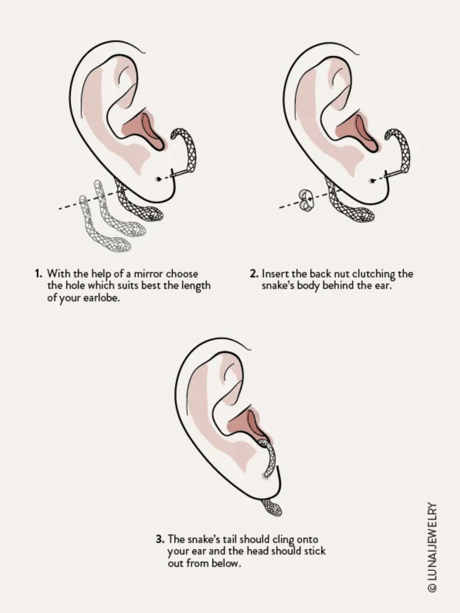 Illustration guide showing how to wear the Salma Snake Ear Jackets in three adjustable positions.