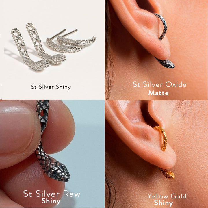 Close-up of Salma Snake Ear Jackets in different finishes, showcasing material variations.