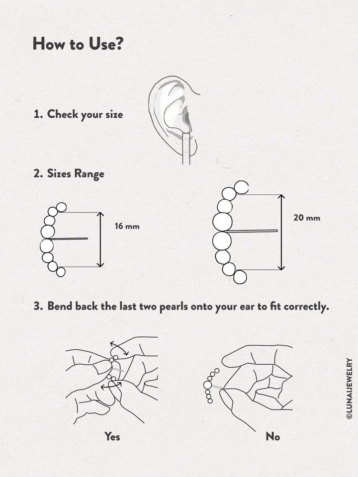 Instructional graphic showing how to wear the Solene ear cuff, with step-by-step placement on the ear.