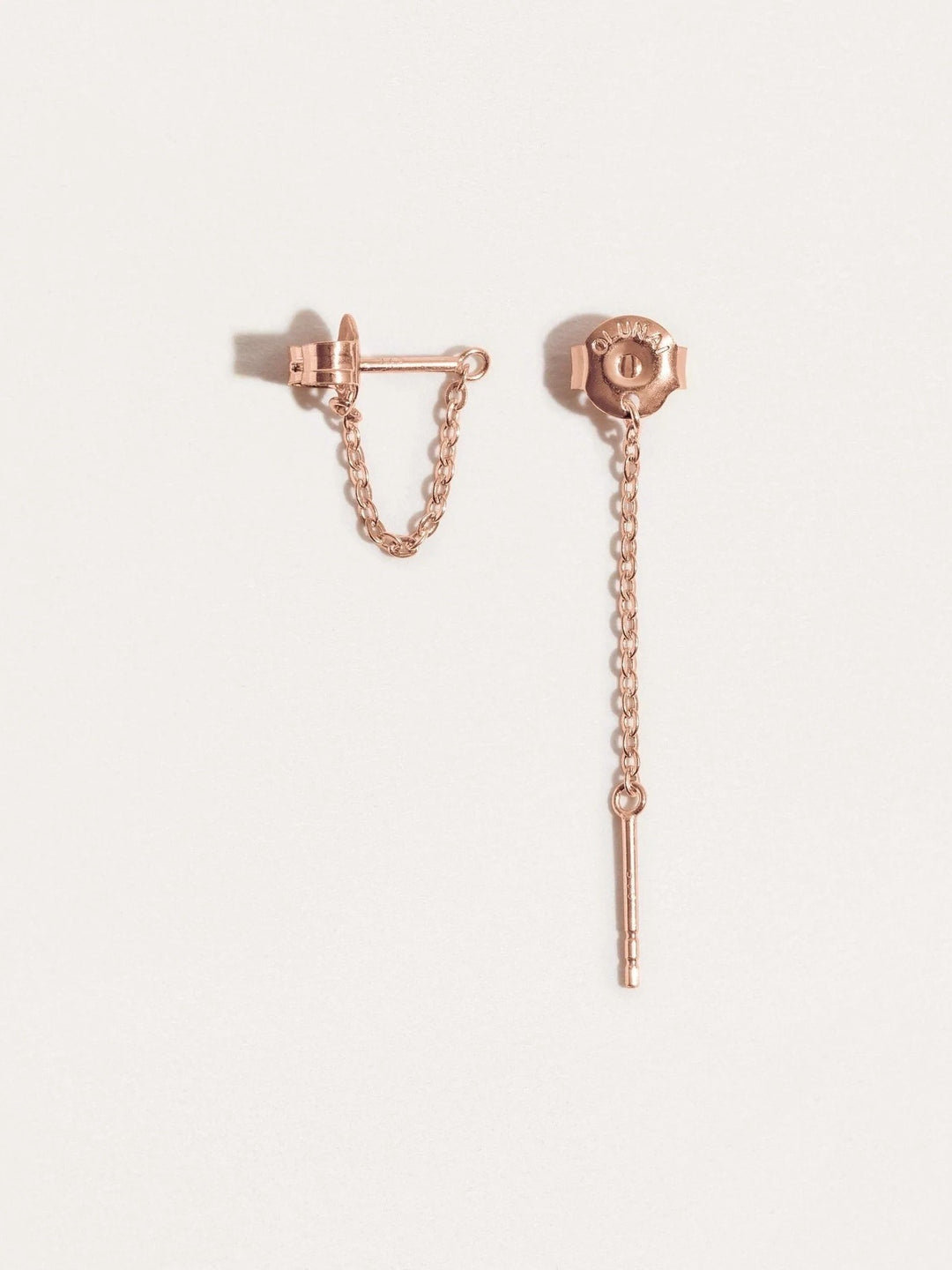 Rose Gold chain stud earrings side view with hanging chain