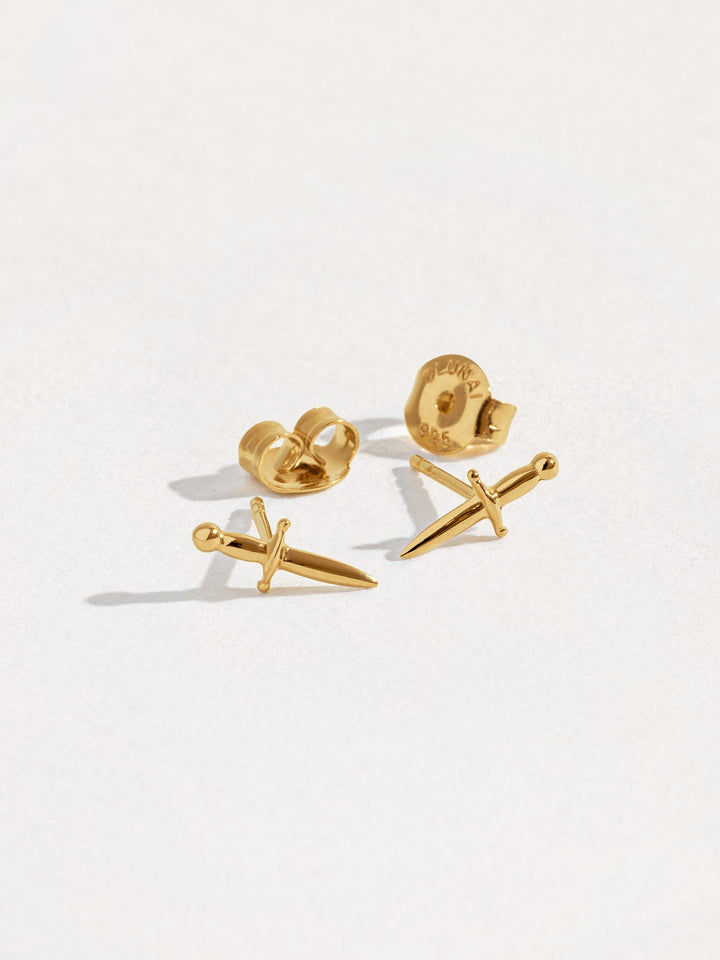 Tessa Sword Stud Earrings in 24K Gold Plated with soft lighting – Jewelry detail shot
